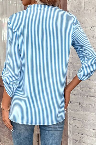 Striped Notched Roll-Tab Sleeve Shirt