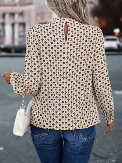 Geometric Mock Neck Long Sleeve Blouse