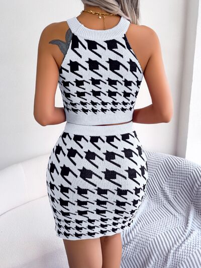 Houndstooth Sleeveless Top and Skirt Sweater Set