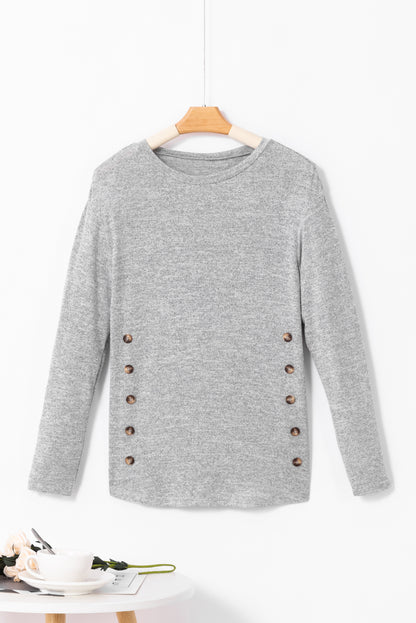 Decorative Button Round Neck Long Sleeve Top