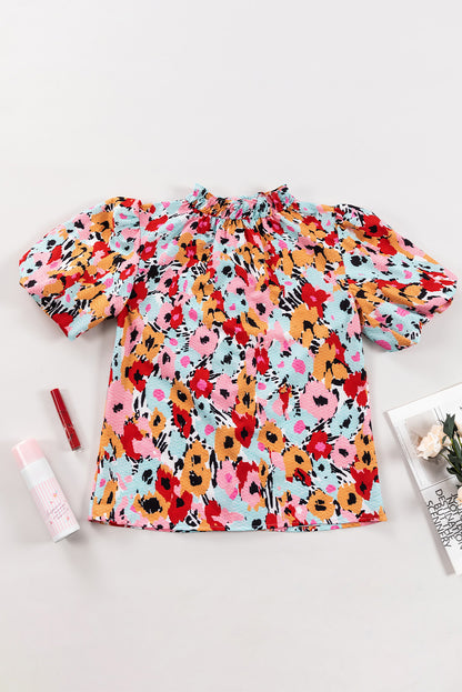 Printed Mock Neck Short Sleeve Blouse