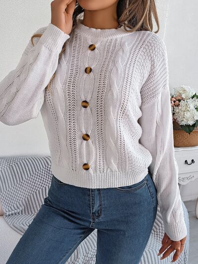 Cable-Knit Buttoned Round Neck Sweater