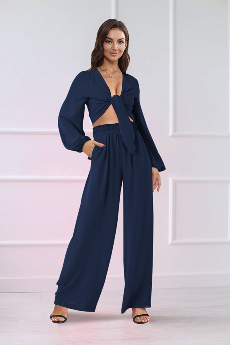 Cutout Long Sleeve Top and Wide Leg Pants Set