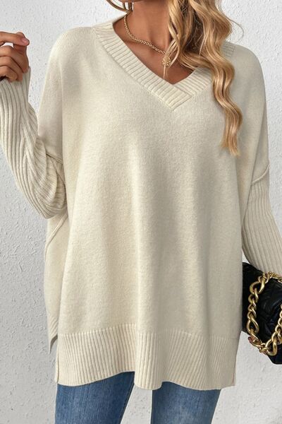 Slit V-Neck Dropped Shoulder Sweater