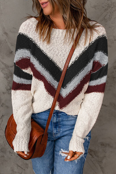 Contrast Round Neck Dropped Shoulder Sweater