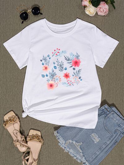 Flower Round Neck Short Sleeve T-Shirt