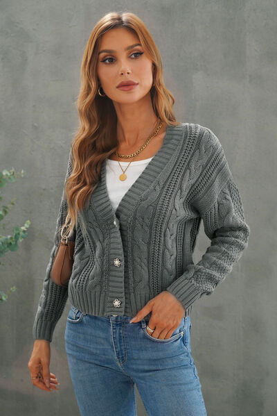 Cable-Knit Button Up Dropped Shoulder Cardigan