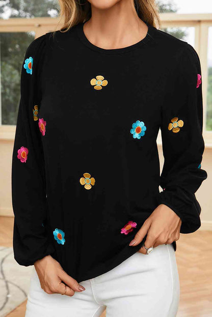 Flower Round Neck Balloon Sleeve Blouse