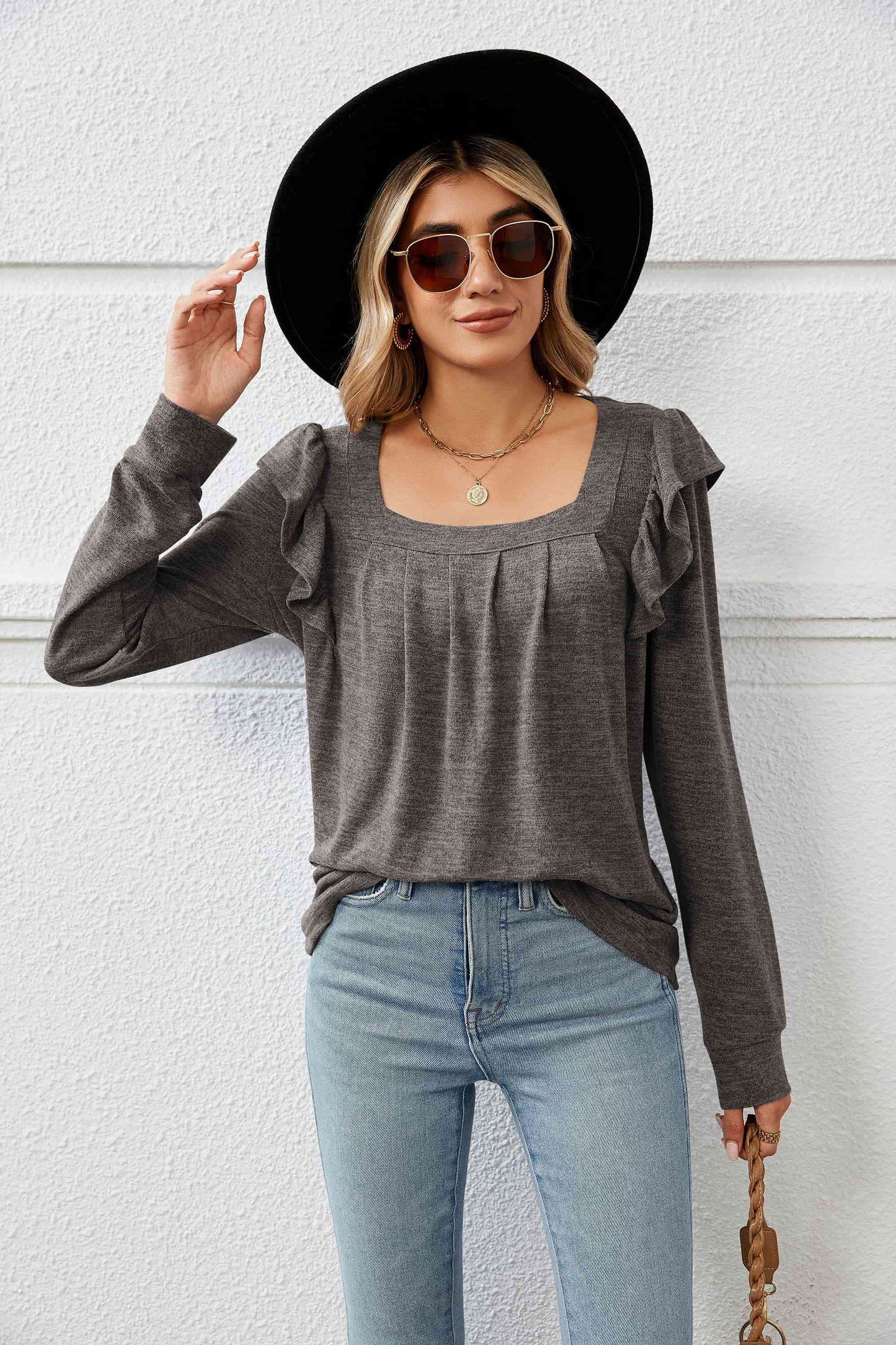 Square Neck Ruffle Shoulder Long Sleeve T-Shirt