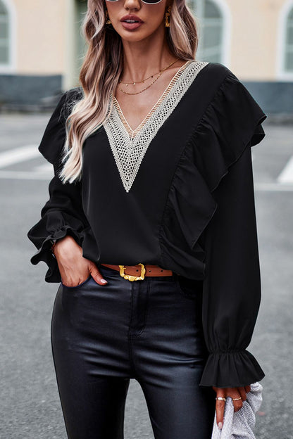 V-Neck Flounce Sleeve Ruffle Trim Blouse