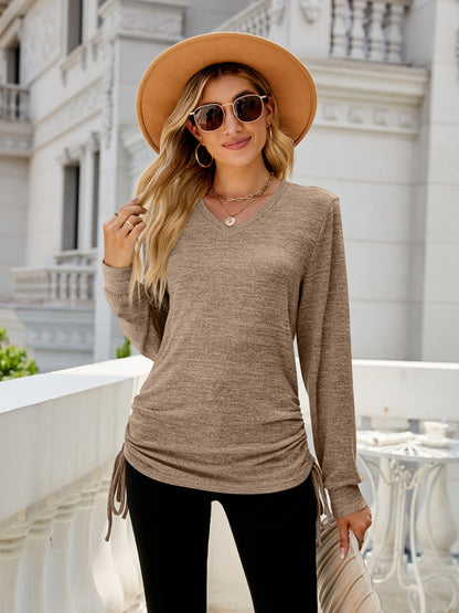 Drawstring V-Neck Long Sleeve T-Shirt