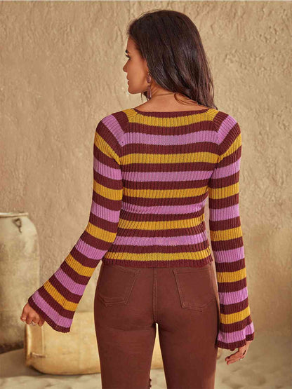 Striped Boat Neck Flare Sleeve Knit Top