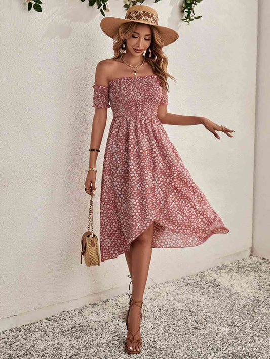 Straight Neckline Elastic Floral Dress