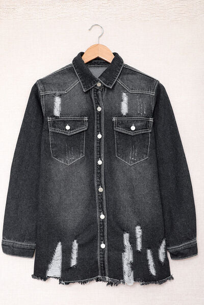 Distressed Button Up Raw Hem Denim Jacket