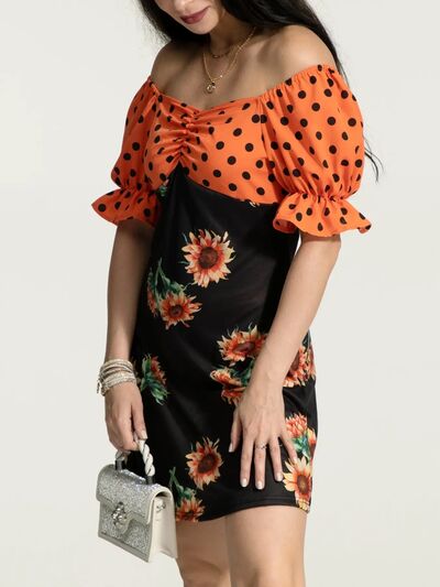 Ruched Polka Dot Flounce Sleeve Dress