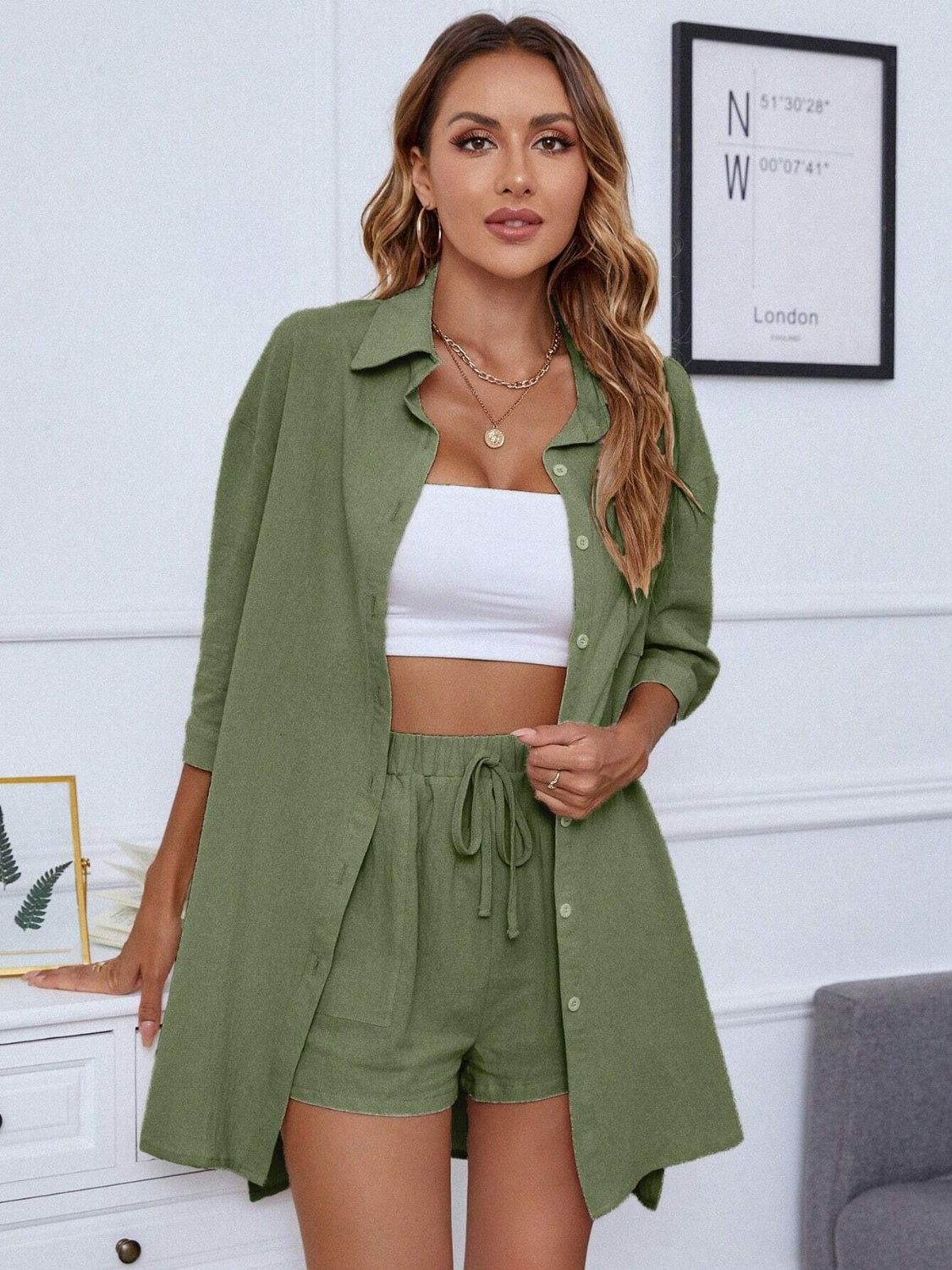 Dropped Shoulder Button Up Shirt and Shorts Set