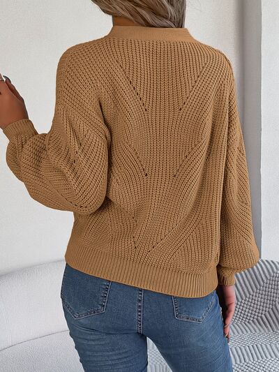 Openwork Half Button Lantern Sleeve Sweater