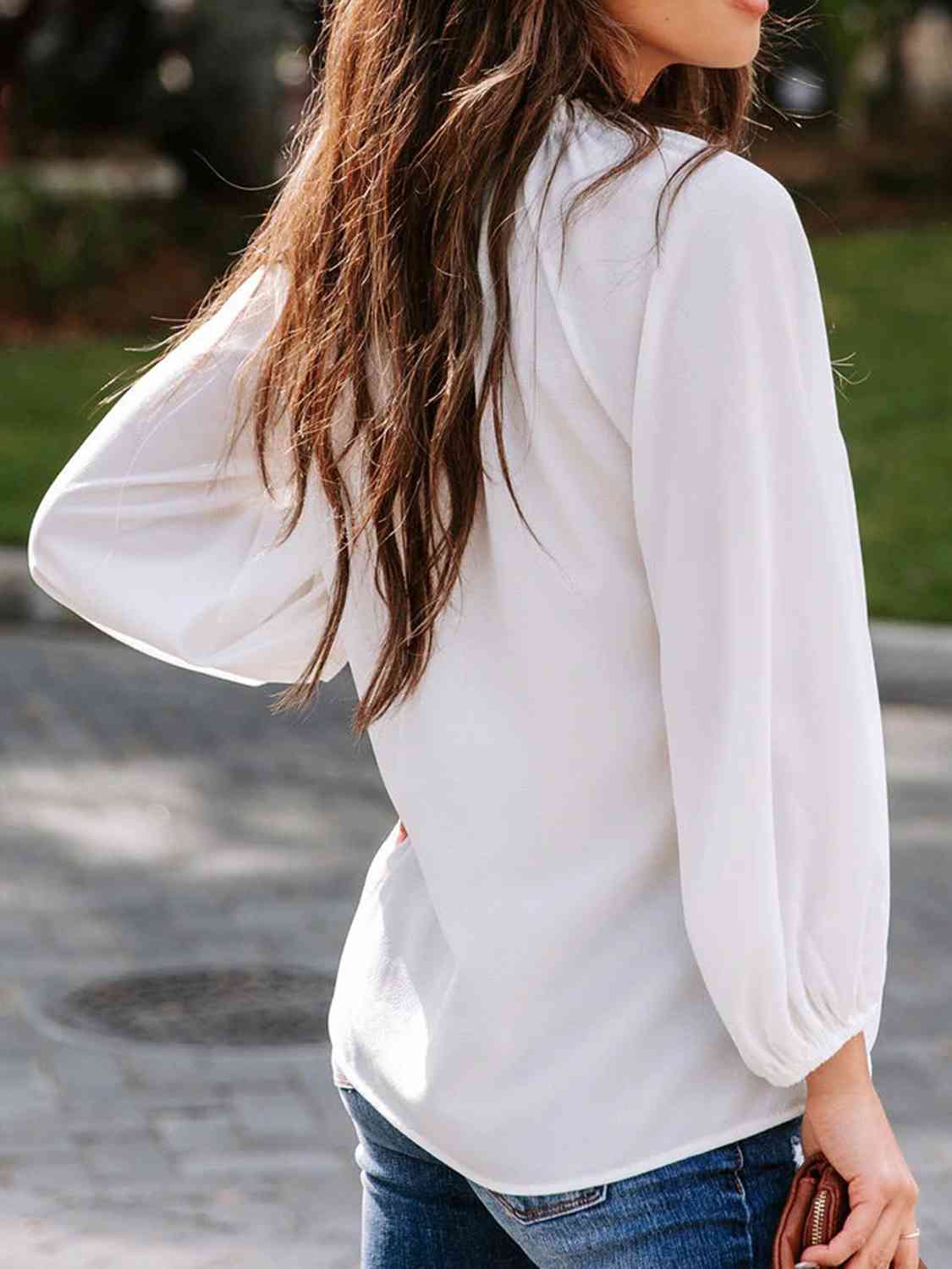 Notched Neck Long Sleeve Blouse