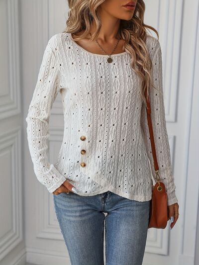 Eyelet Boat Neck Long Sleeve Blouse