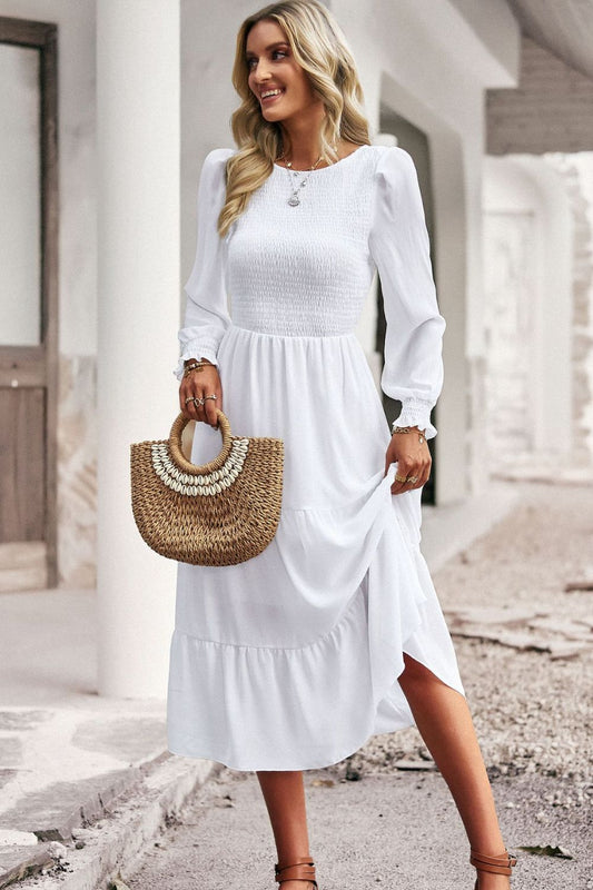 Smocked Round Neck Flounce Sleeve Midi Dress