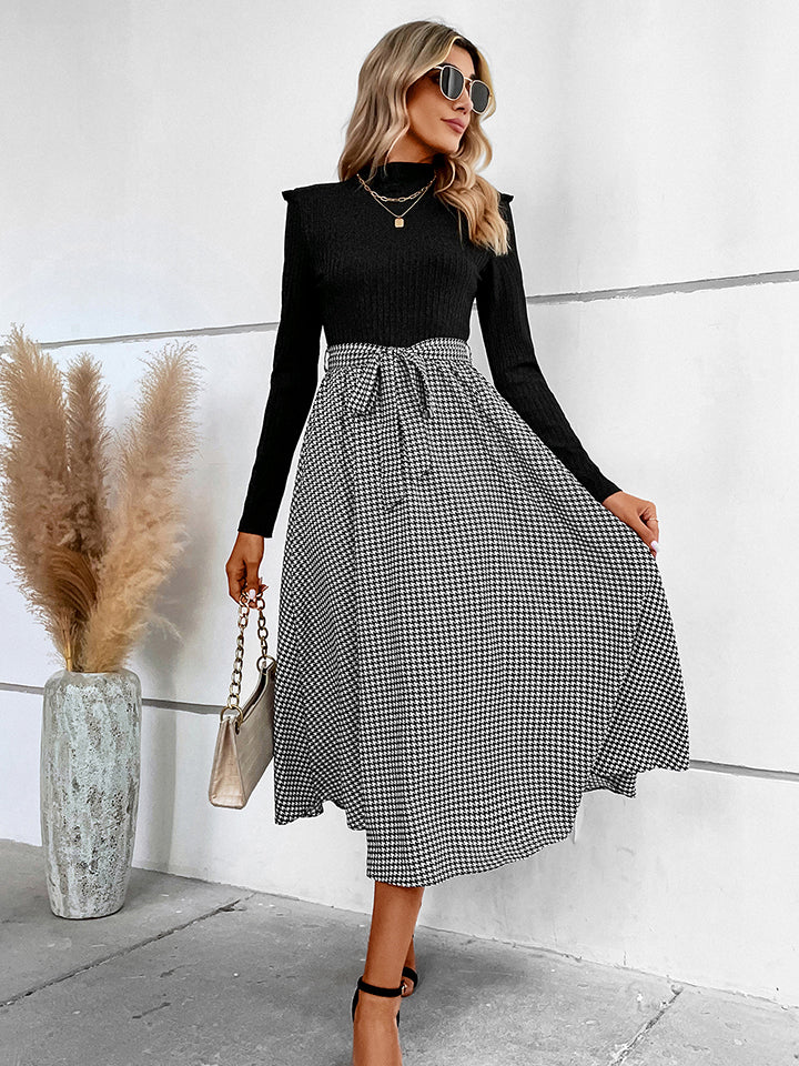 Ribbed Round Neck Long Sleeve Tie Waist Midi Dress