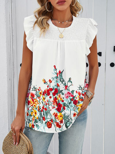 Floral Smocked Cap Sleeve Blouse