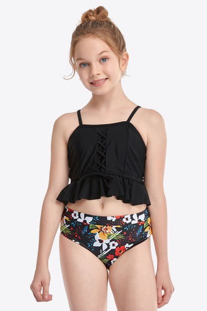 Printed Crisscross Ruffled Two-Piece Swim Set