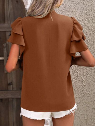 Ruffled Notched Short Sleeve Blouse