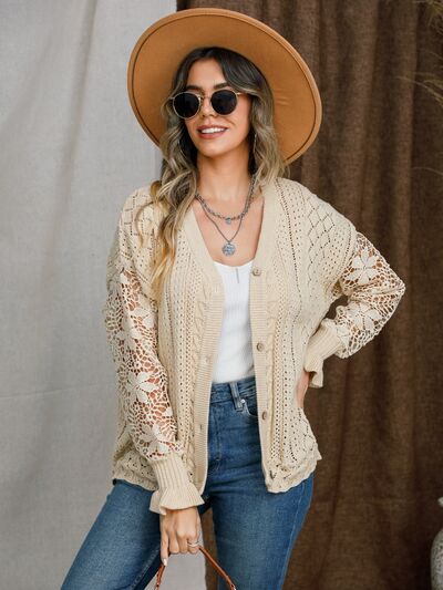 Eyelet Button Up Lantern Sleeve Cardigan