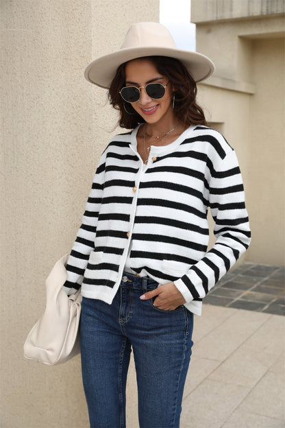 Striped Round Neck Button-Down Dropped Shoulder Cardigan