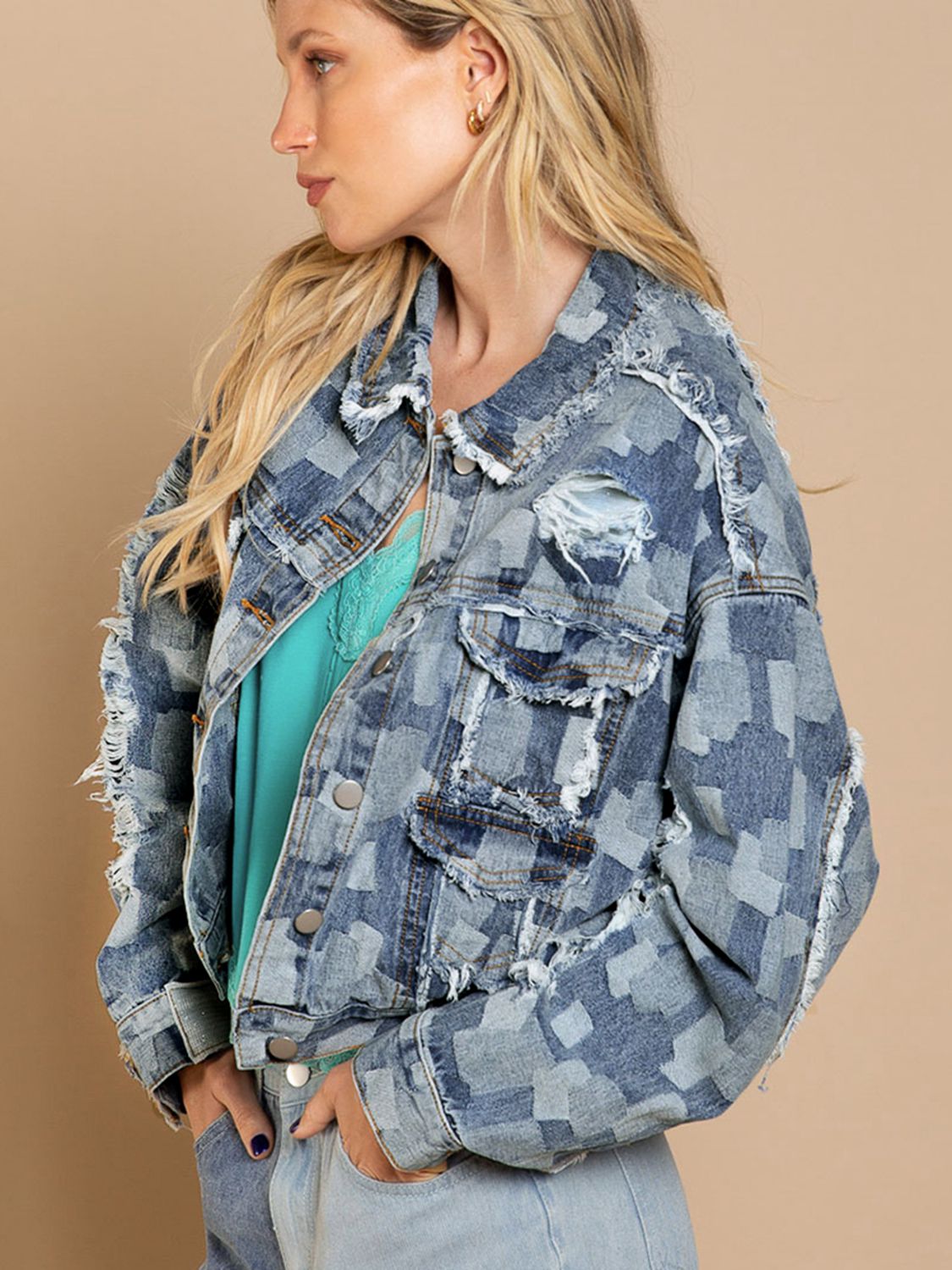 Plaid Raw Hem Dropped Shoulder Denim Jacket