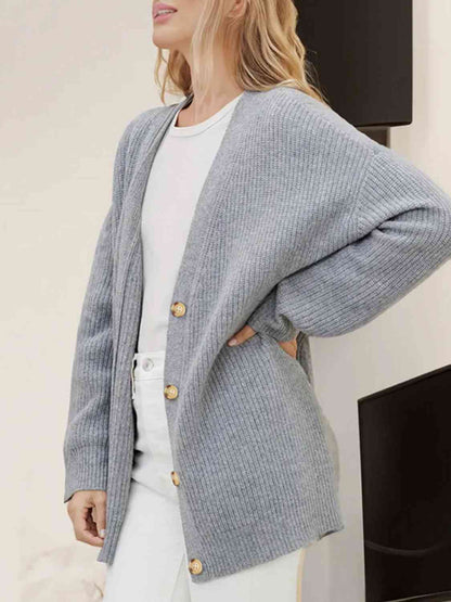 Full Size V-Neck Rib-Knit Cardigan