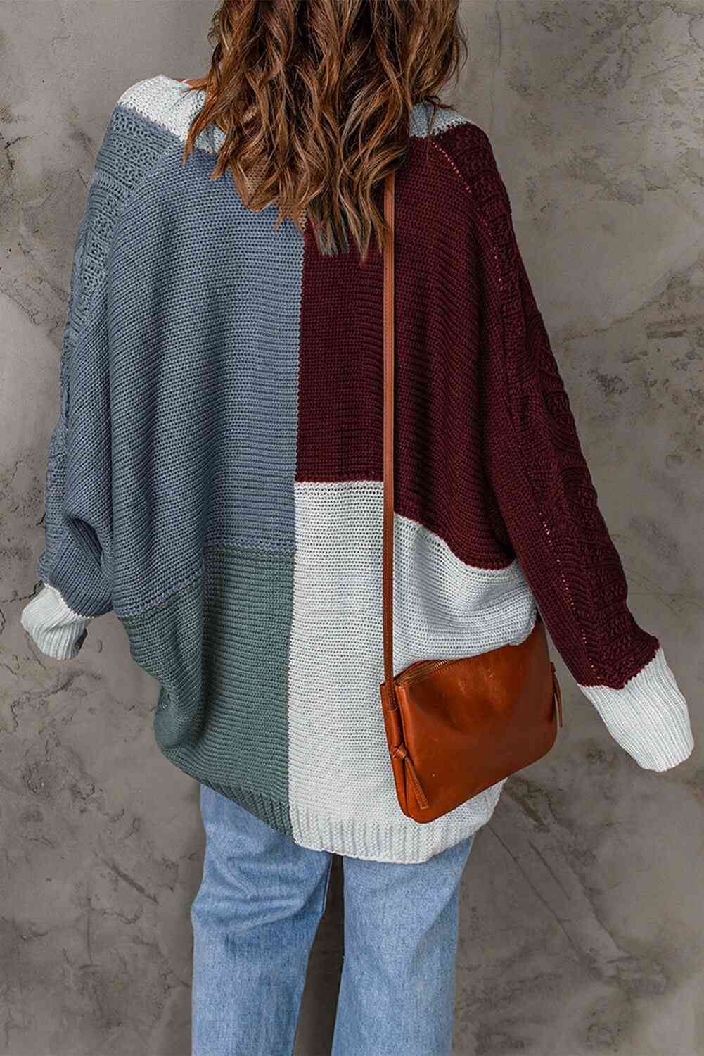 Woven Right Color Block Cable-Knit Batwing Sleeve Cardigan