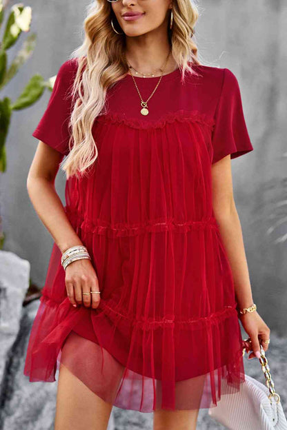 Frill Trim Spliced Mesh Mini Dress