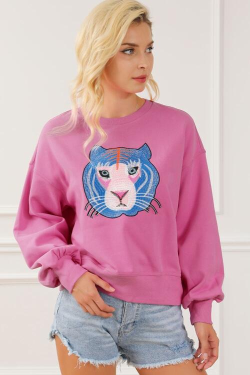 Tiger Embroidered Drop Shoulder Sweatshirt