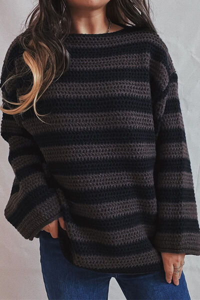 Striped Round Neck Dropped Shoulder Sweater