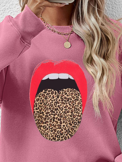 Leopard Lip Graphic Round Neck Sweatshirt