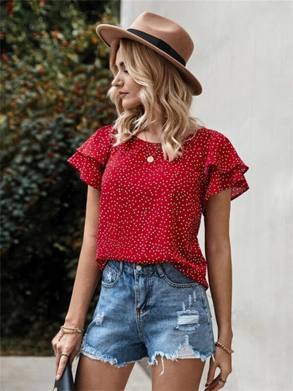 Ruffled Polka Dot Round Neck Short Sleeve Blouse