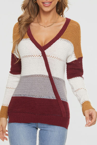 Eyelet Surplice Dropped Shoulder Sweater