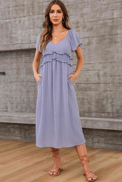 Frill Trim Short Sleeve Dress with Pockets