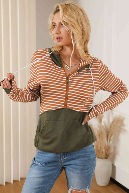 Striped Color Block Drawstring Hoodie