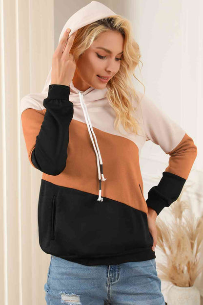 Color Block Drawstring Hoodie with Pockets