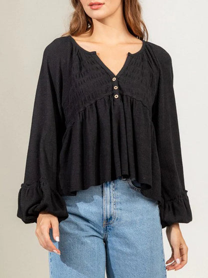 Notched Balloon Sleeve Peplum Blouse