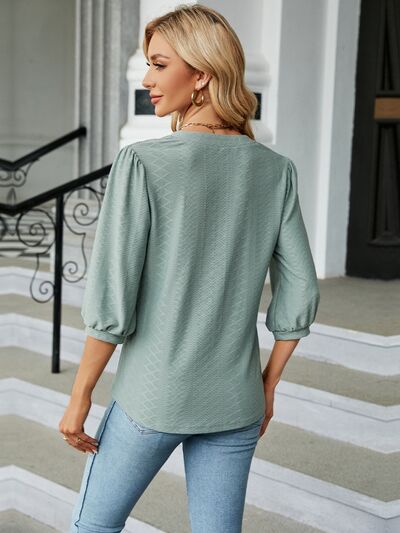 Textured Notched Three-Quarter Sleeve Blouse