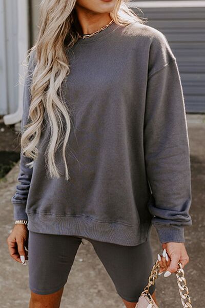 Round Neck Drop Shoulder Sweatshirt and Shorts Set