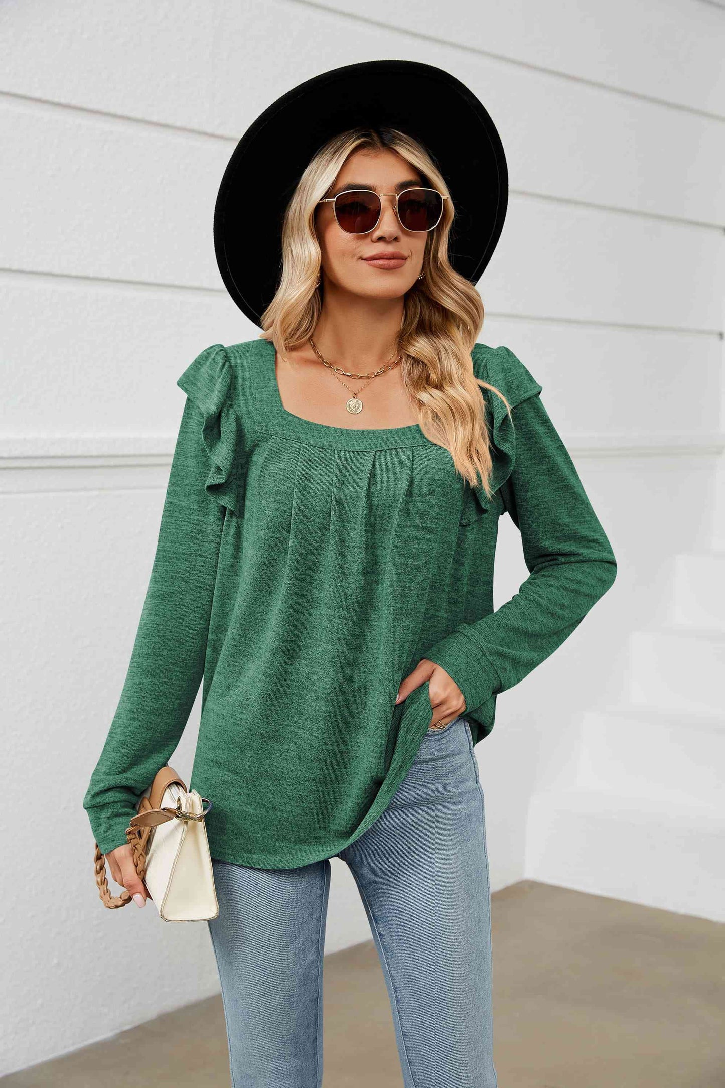 Square Neck Ruffle Shoulder Long Sleeve T-Shirt