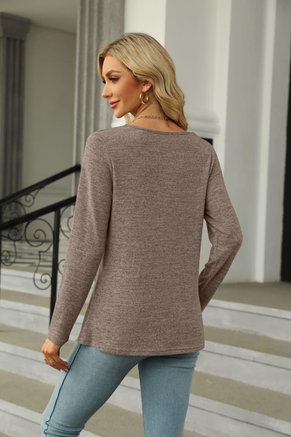 Square Neck Long Sleeve Slit T-Shirt