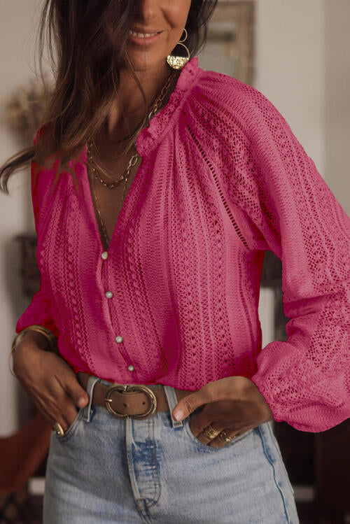 Openwork Button Up Long Sleeve Shirt