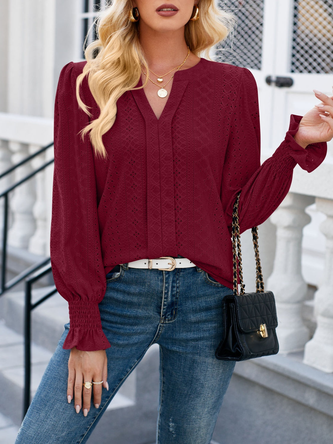 Eyelet Notched Flounce Sleeve Blouse