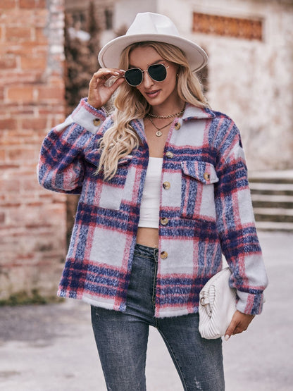 Plaid Dropped Shoulder Collared Jacket